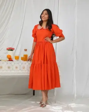 Mid Length Orange Linen Dress