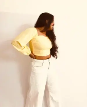 Yellow Bodyfit Puffed Sleeved Crop Top