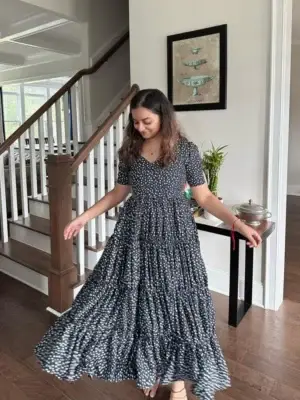 Dark Blue And White Printed Flowy Midi Dress
