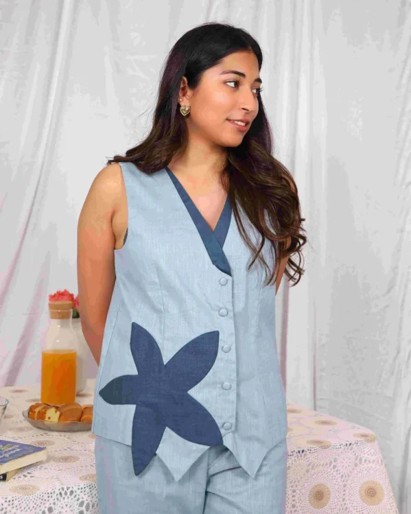 Flower Vibe Patch Blue Sleeveless Comfortable Co Ord Set