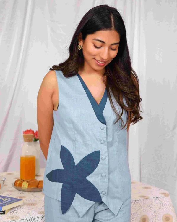 Flower Vibe Patch Blue Sleeveless Comfortable Co Ord Set