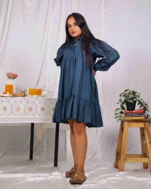 Blue Layered Puff Sleeves Short Dress