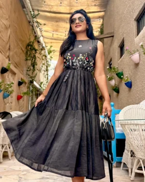 Hand embroidered black linen dress